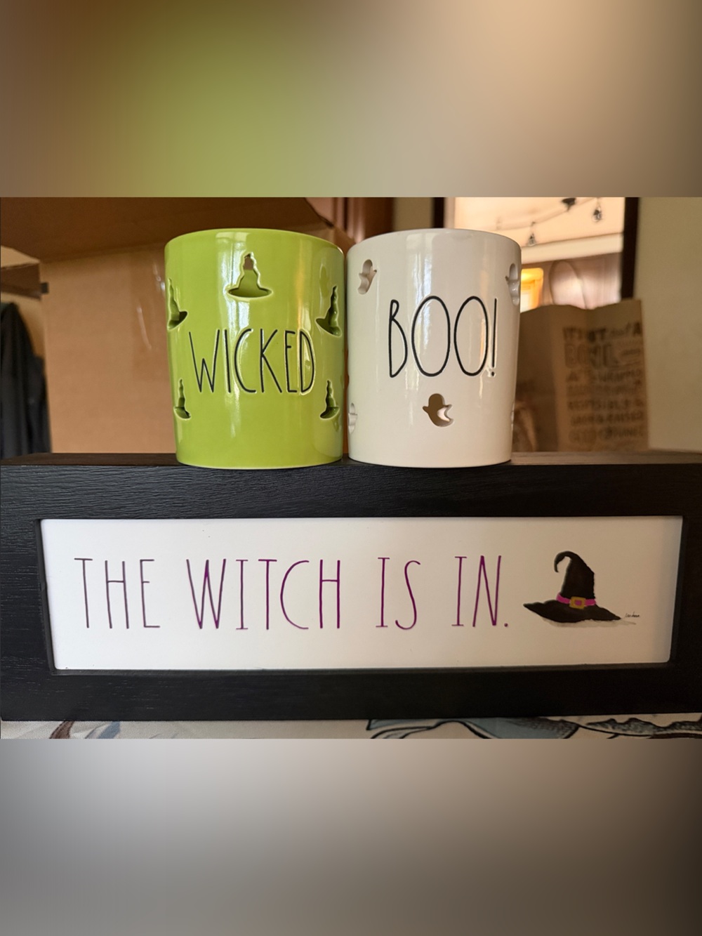 Rae Dunn 'WICKED' and 'BOO!' Halloween Ceramic Holders - Green and White
